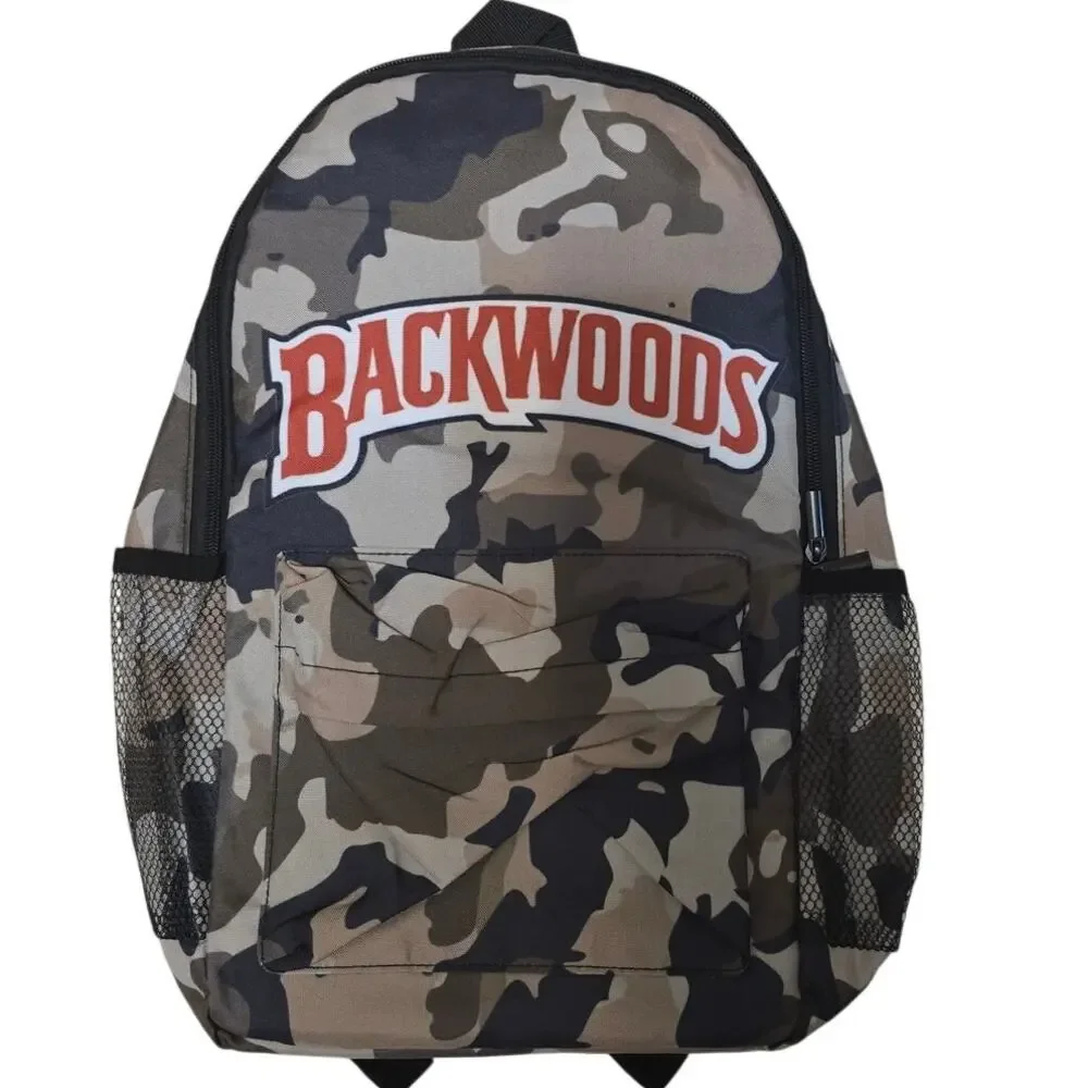 Backwoods Camo Backpack Brown Tan Black Logo Mesh Pockets Adjustable Straps NEW